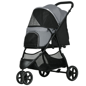 PawHut Hundekatzenwagen Haustierklappbar 2 Sicherheitsleinen EVA-Räder verstellbarer Griff Korb 83 x 55 x 101 cm grau