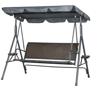 Outsunny Gartenliege 3 Sitzer mit verstellbarem Dach, Getränkehaltern und Ablageflächen, ergonomische Sitz- und Rückenlehne