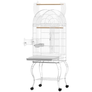 PawHut Vogelkäfig auf Rollen mit Regal herausnehmbarem Tablett 2 Näpfen Sitzstange Edelstahl 51 x 51 x 153 cm weiß