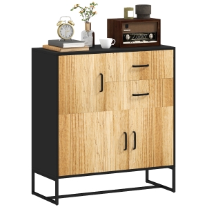 HOMCOM Bufet Modern de  Depozitare cu 3 Dulapuri și 2 Sertare din Pal Melaminat și Oțel, 80x35x88 cm, Lemn Natural