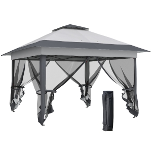 Outsunny Folding Pop-Up Garden Gazebo Marquee Steel Polyester Mosquito Nets + Transport Bag with Wheels Grey