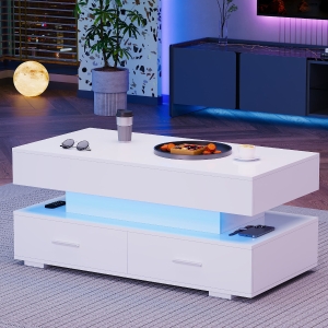 Hydraulic Lift Top Coffee Table with LED Lighting, 2 Drawers and Storage, 100L x 50W x 44H cm, White