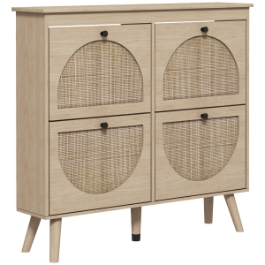 HOMCOM Shoe Cabinet 4 Folding Doors 20 Pairs Adjustable Shelf Bohemian Style Solid Wood Legs 105 x 24 x 97.5 cm Natural