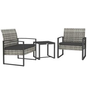 Outsunny Salon de jardin 3 pièces 2 chaises avec coussins + table basse plateau verre trempé résine tressée gris clair