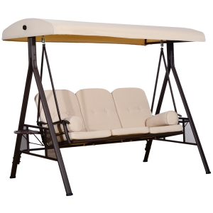 Outsunny Leagăn de Grădină cu 3 Locuri, Acoperiș Reglabil, Suport pentru Pahare și Perne, 207x120,5x174 cm, Bej