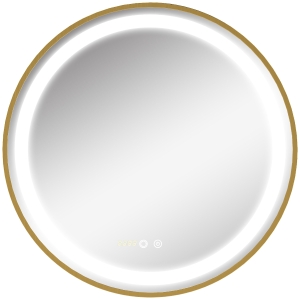 kleankin Runder Spiegel mit LED-Beleuchtung, Uhrzeitanzeige, Memoryfunktion, Gold + Silber