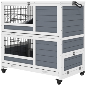 PawHut Kaninchenstall aus Holz für den Innenbereich auf Rädern 2 Etagen 2 herausnehmbare Tabletts, abschließbare Tür 90L x 53B x 97H cm