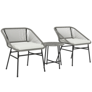 Outsunny Ensemble de meubles d'extérieur 3 pièces, 1 table, 2 chaises, Rotin synthétique, Cadre en acier, Table basse avec plateau en verre, Gris foncé