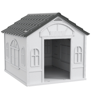 PawHut Casa para Cães 84,2x98,2x82 cm Casa para Cães com Janelas e Teto com Imitação de Telhas Casota para Cães Cinza