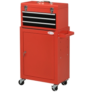 DURHAND 2-in-1 Werkzeugwagen, mobil, 3 Schubladen, Werkzeugtafel, Stahlgehäuse, 46L x 28B x 94H cm, Rot