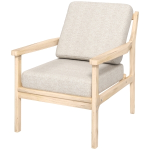 HOMCOM Fauteuil design minimaliste structure bois, 2 coussins amovibles recouvert de tissu effet lin, accoudoirs, beige