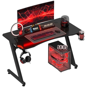 HOMCOM Bureau gaming avec support casque porte-gobelet passe-câbles inclus, pieds réglables, cadre en acier et bois, noir
