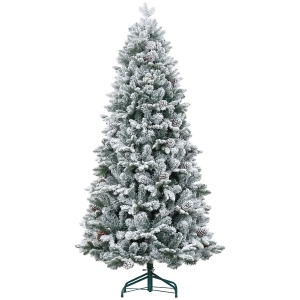 HOMCOM Sapin de Noël artificiel 180 cm Arbre de Noël avec support en métal 1489 branches enneigées, pommes de pin, vert