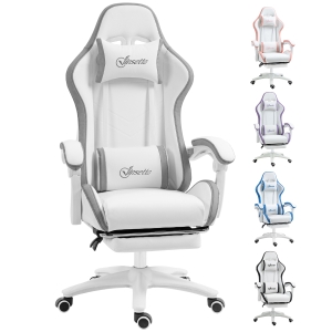 Vinsetto Computer Gaming Chair, PU Leather Desk Chair with Footrest, Swivel Task Chair with 135° Reclining Back, White & Grey