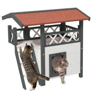 PawHut Cat House Outdoor with Balcony 77x50x73cm White