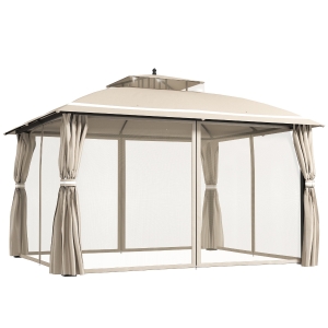 Outsunny Gazebo da Giardino 3.7 x 3 m con Zanzariera, Tende Laterali e Doppio Tetto, Beige