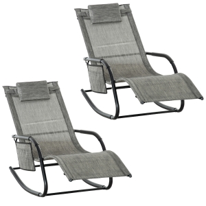 Outsunny 2PCs Outdoor Garden Rocking Chair, Patio Sun Lounger Rocker Chair with Breathable Mesh Fabric, Removable Headrest Pillow, Armrest, Side Storage Bag, Dark Grey