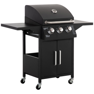 Outsunny Barbacoa de Gas con 3 Quemadores 8,7 KW con 2 Mesas Laterales Armario de 2 Puertas 4 Ruedas y Frenos 121x55x109 cm Negro