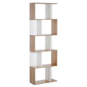 HOMCOM Scaffale Libreria a 5 Ripiani Suddivisi, Libreria Salvaspazio a Forma di S in Legno, Scaffale Divisorio per Soggiorno, Camera da Letto e Ufficio, 60x24x184.5 cm, Color Legno e Bianco