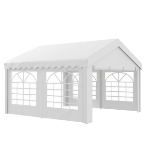 Outsunny Carpa para Fiesta Cochera Gazebo 4x4m Pergola Cenador Pabellón 4 Paneles Laterales 6 Ventanas Anti-UV para Eventos Bodas Acero PE Blanco