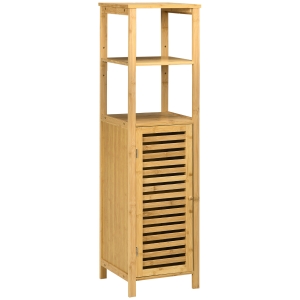 kleankin Armario Auxiliar de Baño de Bambú Estantería de Baño con 2 Estantes Abiertos y Puerta de Rejilla 32,9x29,9x120cm Natural
