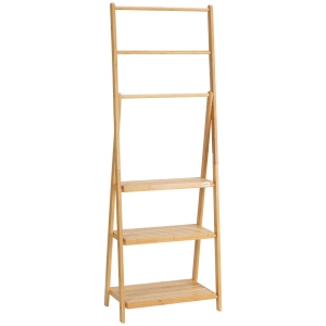 HOMCOM Toallero de Pie de Bambú con 3 Barras Tipo Escalera Plegable con 3 Estantes para Baño 53x30,5x152 cm Natural