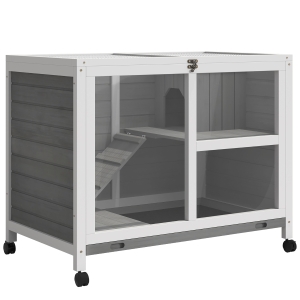 PawHut Conejera de Madera con Ruedas 91,5x53,3x73 cm Jaula para Conejos de 2 Niveles con Techo Abatible Gris