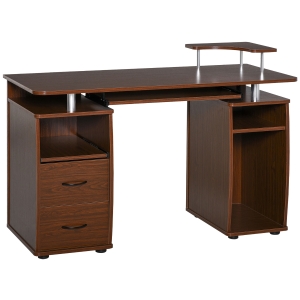 HOMCOM Scrivania per Computer Moderna Porta PC in Legno con Cassetti, Scrivania Salvaspazio Con Libreria, Mensola Estraibile e Porta Tastiera, 120x55x85cm, Marrone