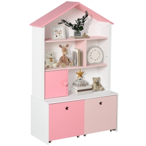HOMCOM Estantería de Madera Infantil Librería para Niños con 4 Compartimentos 1 Puerta y 2 Cajones Extraíbles con Ruedas para Libros Juguetes 80x34x130 cm Rosa y Blanco