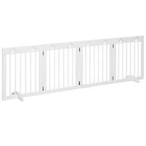 PawHut Freestanding Pet Gate 4 Panel Wooden Dog Barrier Folding Safety Fence with Support Feet up to 204cm Long 61cm Tall for Doorway Stairs White