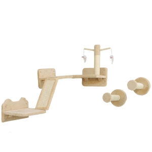 PawHut Katzen Kletterwand Set mit Kratzpfosten, Sprungplattformen und Spielbällen, zum Klettern und Ausruhen, Beige