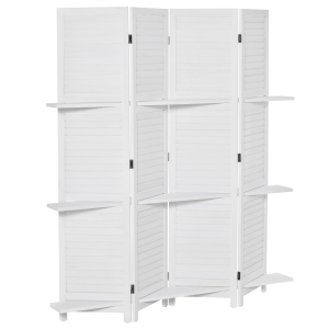 HOMCOM Paravent intérieur en bois 4 panneaux 160 x 170 cm, séparateur de pièce pliable avec 3 étagères, cloison de séparation pour salon, chambre à coucher, maison, blanc