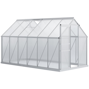 Outsunny Invernadero Policarbonato Aluminio de Jardín 190x375x199 cm 7,1m² Caseta de Exterior con Base Puerta Corredera y 2 Tragaluces para Cultivo Plantas Semillas Transparente
