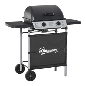 Outsunny Barbacoa de Gas con 2 Quemadores 5,6 KW 2 Ruedas 2 Mesas Laterales y Parrillas de Acero 104x49x99 cm Negro