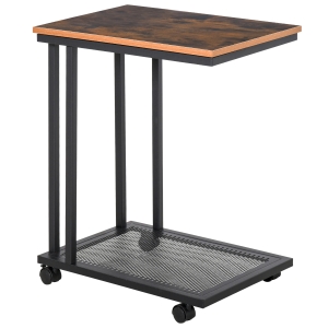 HOMCOM Mesa Lateral en Forma de C Mesa Auxiliar con Ruedas para Sofá Salón Dormitorio Estilo Industrial Retro Mesa Café Ordenador Metal y Madera 51x36x65 cm Natural y Negro