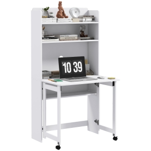 HOMCOM Bureau informatique avec étagères de rangement plateau rabattable 2 roulettes pour chambre salon 80 x 69 x 155 cm blanc