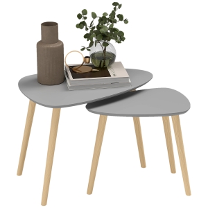 HOMCOM Juego de 2 Mesas Auxiliares Mesas Nido con Patas de Madera 59,5x39,5x45 cm y 44,5x28,5x40 cm Gris y Natural