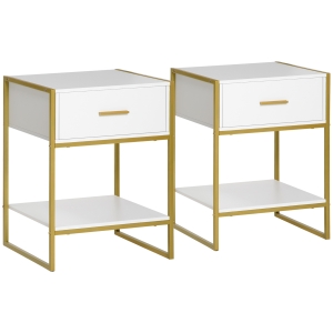 HOMCOM 2er-Set Nachttische, 1 Schublade, 1 Regal, 45 cm x 40 cm x 60 cm, Weiß + Gold