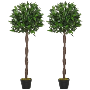 Outsunny 2er-Set Künstlicher Lorbeerbaum, 120 cm, Kunstpflanzen im Zementtopf, Kunststoff-Pflanzen für drinnen und draußen, Grün