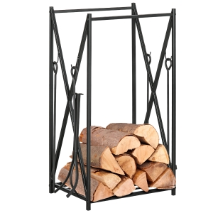 HOMCOM Estante de Leña para Chimenea 46x30x76 Soporte para Leña cm con 4 Herramientas Incluidas Marco de Acero Estable Carga 100 kg para Exterior e Interior Negro