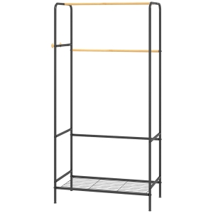 HOMCOM Kleiderständer, 2 Kleiderstangen, Ablage & Haken, Bambus/Stahl, Schwarz