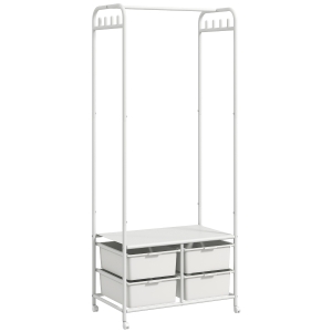 HOMCOM Stand Appendiabiti con Scarpiera a 4 Cesti e 8 Ganci, in Acciaio e Plastica, 63x37x153 cm, Bianco
