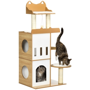 PawHut Kratzbaum, Kratzstämme, Katzenhaus mit 2 Etagen, Sitzplattformen, Spielball, Farbe: Weiß+Holz, 60 x 48 x 133 cm