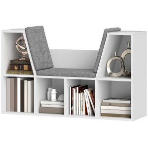 HOMCOM Bücherregal mit Sitzfläche, 6 Fächer, gepolstert, 105 x 30 x 63 cm, Weiß
