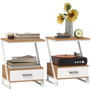 HOMCOM Juego de 2 Mesitas Auxiliares en Forma de Z con Cajón y Compartimento Mesita Auxiliar para Salón 40x35x50 cm Natural