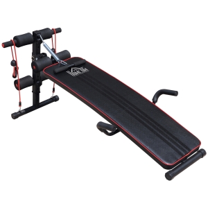 HOMCOM Banc de musculation appareil à abdo hauteur réglable 137,5L x 55,5l x 50-68H cm 2 bandes de résistances + ressort central traction acier noir rouge