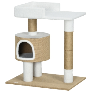 PawHut Kratzbaum Katzenbaum Katzenhöhle, 1 Katzenhöhle, 1 Liegefläche, 70 cm x 49 cm x 79 cm, Natur + Weiß
