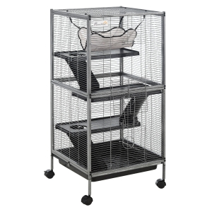 PawHut Parque para Mascotas con Ruedas 2 Puertas 3 Rampas Hamaca Colgante y Bandeja Extraíble para Cobayas 52x52x113,5cm Gris