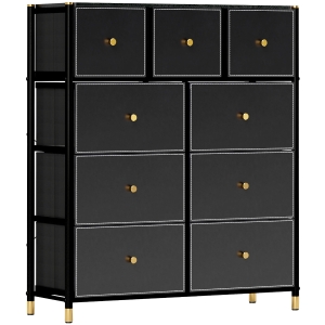 HOMCOM Cajonera de Tela con 9 Cajones Plegables con Frentes de Cuero PU y Marco de Acero Cajonera para Dormitorio Salón Negro