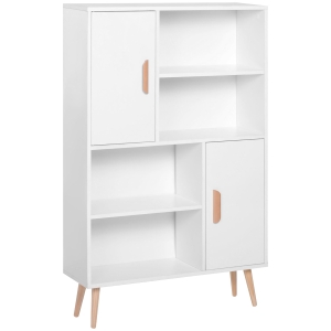 HOMCOM Bibliothèque scandinave 4 niches + 2 placards avec étagère dim. 80L x 24l x 123H cm Pieds effilés inclinés Bois Massif Panneaux Particules Blanc
